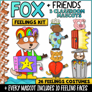 Fox and Friends Feelings Kit with five classroom mascots, 26 feelings costumes, 10 interchangeable facial expressions for every mascot, and social-emotional learning tools that help students identify, discuss, and regulate emotions.