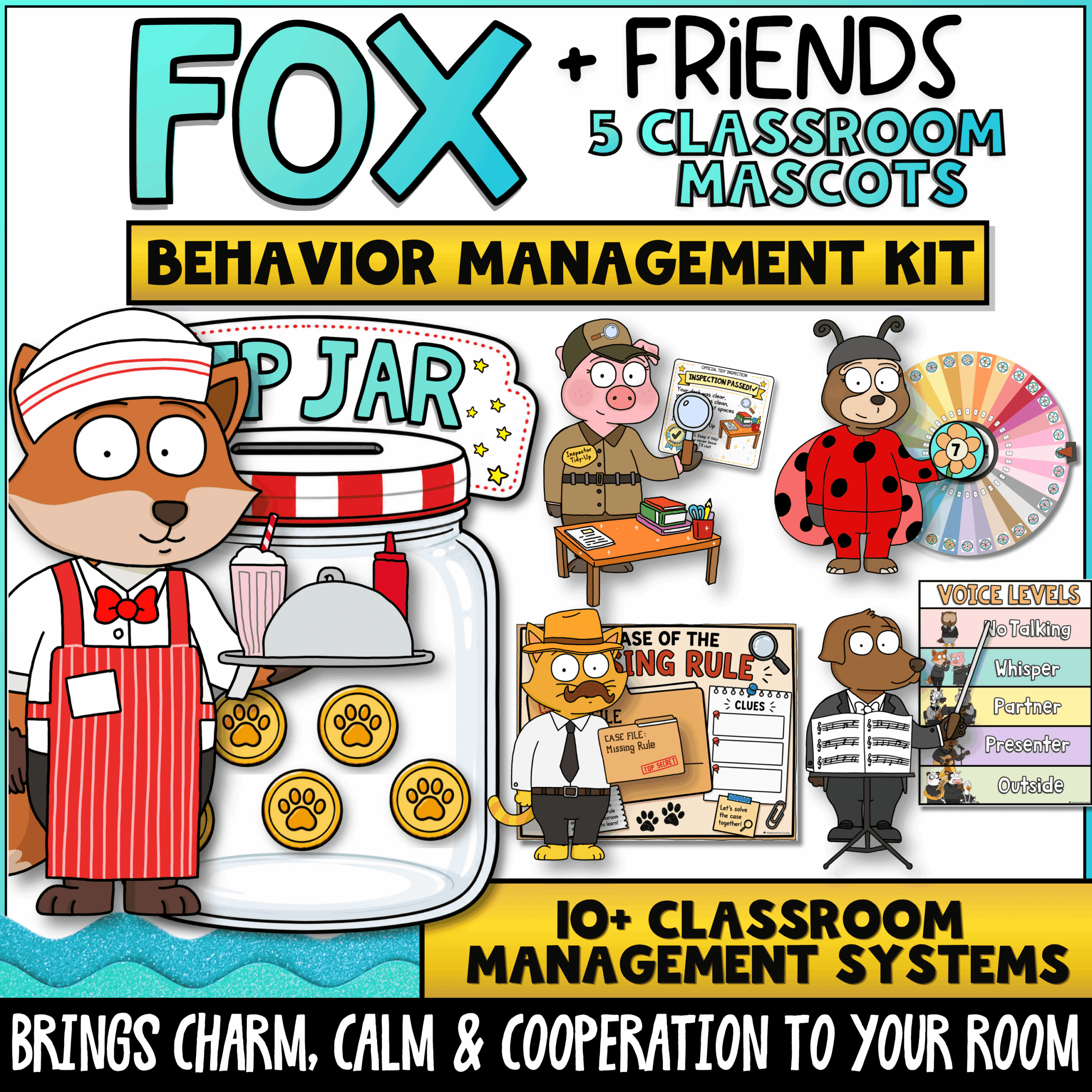 Goose PBIS Classroom Management Kit with Behavior Supports and Think Sheets Fox + Friends classroom behavior management kit featuring Fox, Dog, Cat, Pig, and Sloth with over 10 classroom management systems. Includes PBIS behavior supports, classroom routines, behavior expectations, classroom mascots, restorative practices, and elementary behavior management activities.
