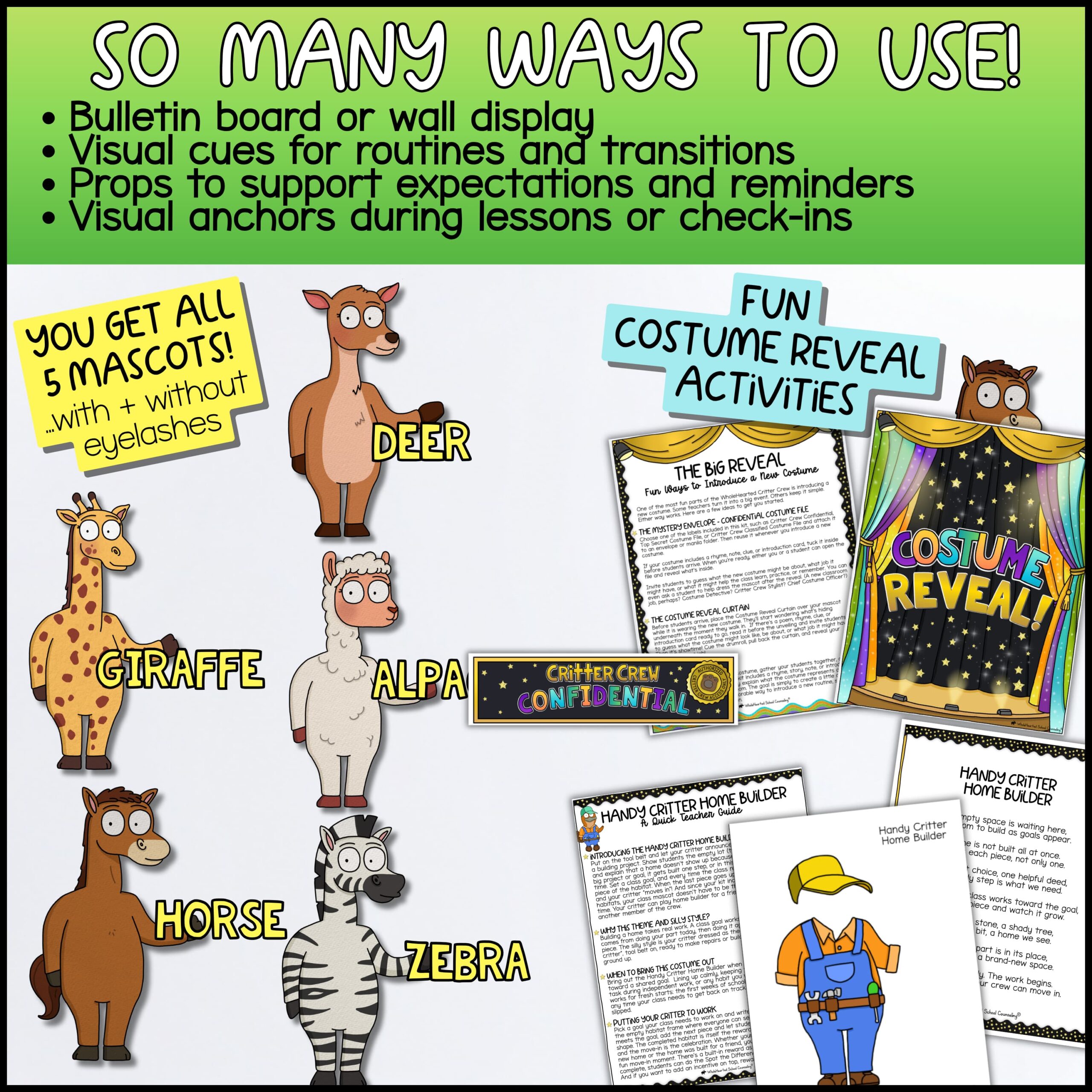 class-mascot-reward-system-goose-pbis-classroom Five classroom mascots including Deer, Giraffe, Alpaca, Horse, and Zebra with costume reveal activities, printable teacher guides, bulletin board displays, visual behavior supports, classroom routines, and whole class reward resources.