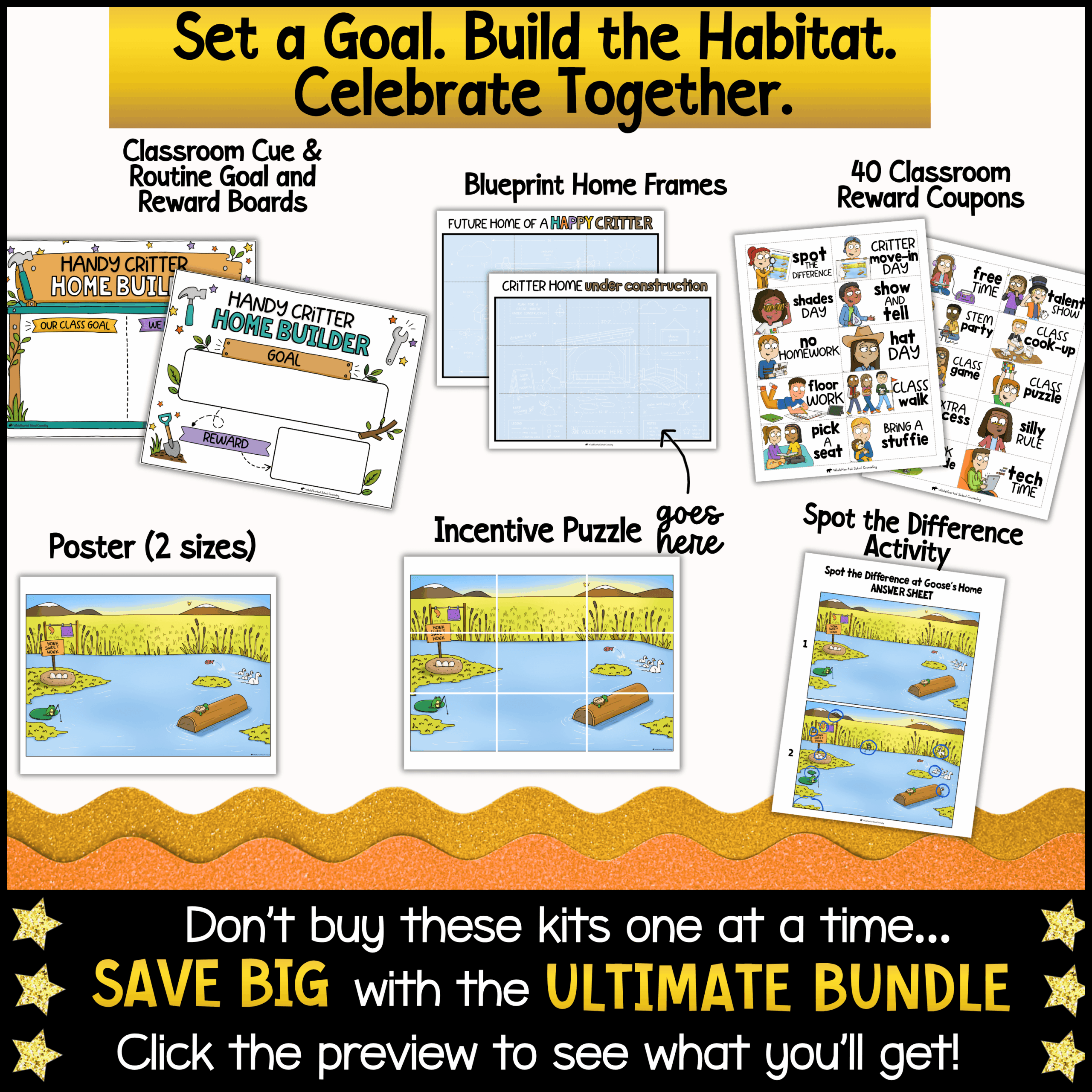classroom-management-goose-class-mascot-reward-kit (2) Whole class reward system resources featuring classroom goal and reward boards, build-a-home incentive tracker, printable classroom reward coupons, blueprint planning pages, incentive puzzle, spot-the-difference activity, and classroom behavior celebration tools.