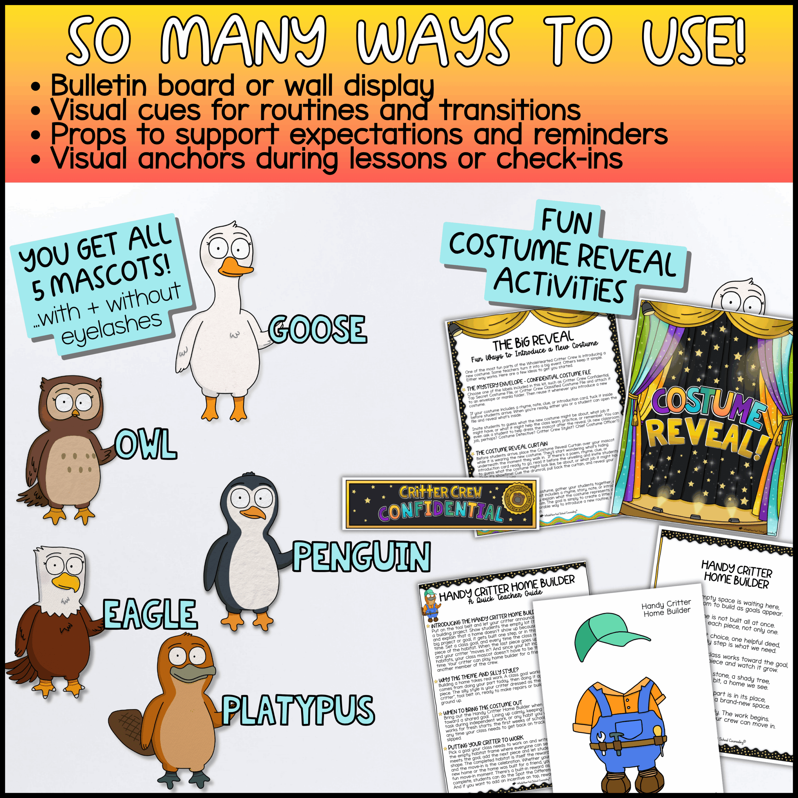 classroom-management-goose-class-mascot-reward-kit Five classroom mascots including Goose, Owl, Eagle, Penguin, and Platypus with classroom costume reveal activities, printable teacher guides, classroom routines, visual behavior supports, bulletin board displays, and behavior management props for elementary students.