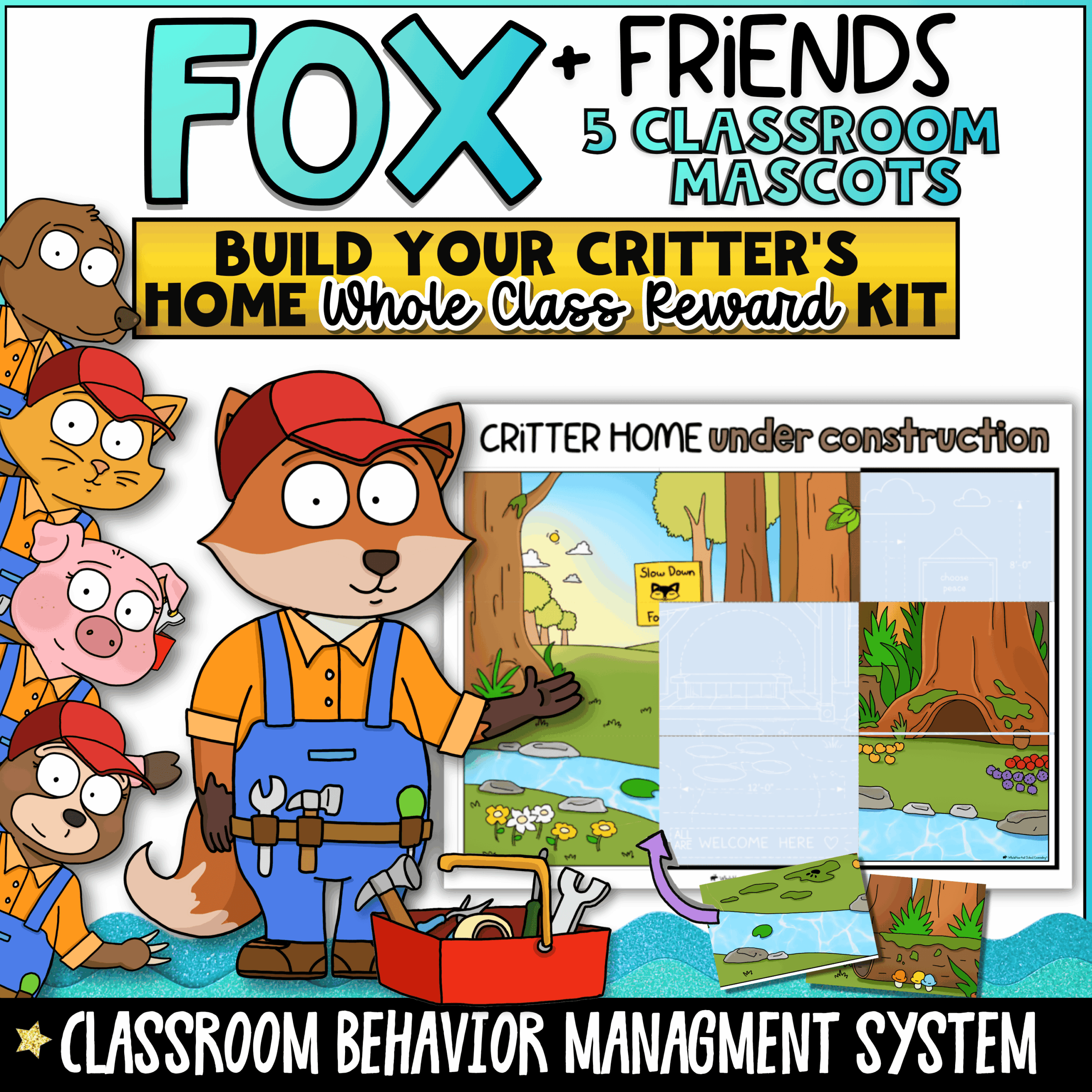 goose-class-mascot-pbis-whole-classroom-reward-system Fox and Friends Whole Class Reward Kit featuring five classroom mascots, build-your-critter's-home classroom reward system, whole class behavior incentive tracker, habitat-building activities, and positive classroom management tools for elementary students.