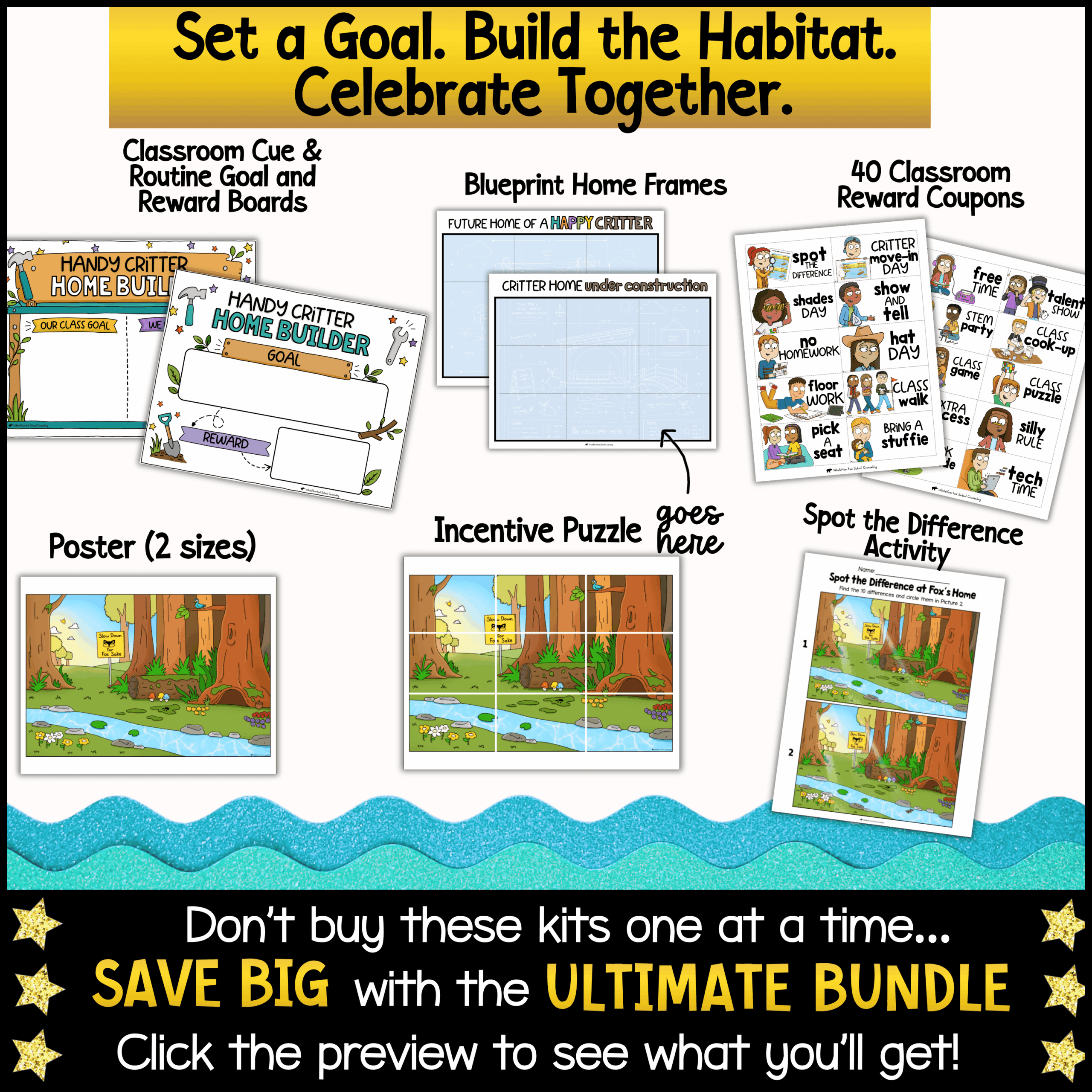 goose-class-mascot-reward-system-classroom-management Whole class reward kit resources including classroom goal and reward boards, printable incentive puzzle, habitat blueprint frames, classroom reward coupons, posters, spot-the-difference activity, and behavior management tools for elementary classrooms.