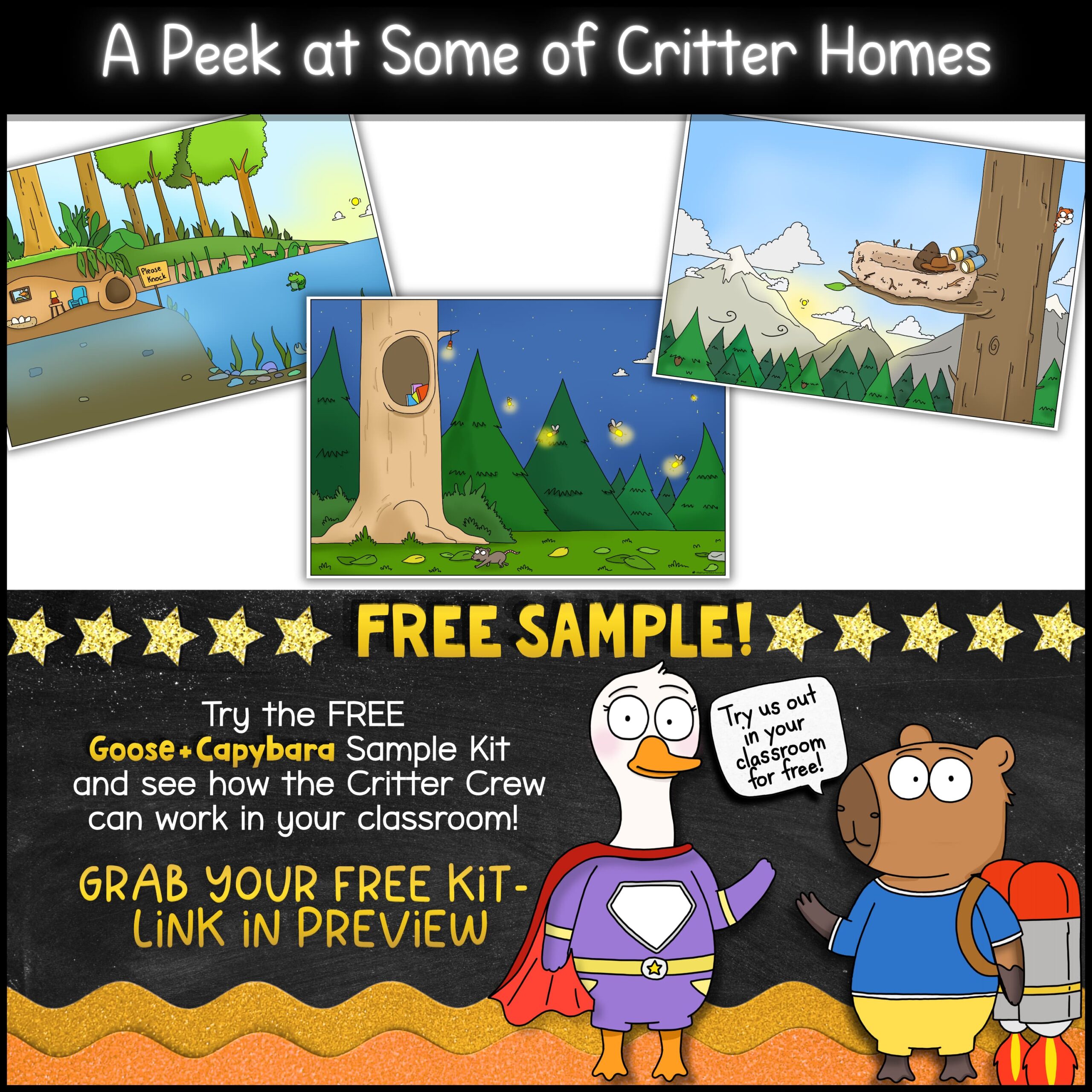 goose-class-mascot-whole-class-incentive-program Preview of illustrated critter home reward scenes for classroom incentive activities, including pond, tree, and nest habitats. Promotes the free Goose and Capybara sample kit for classroom behavior management and whole class rewards.