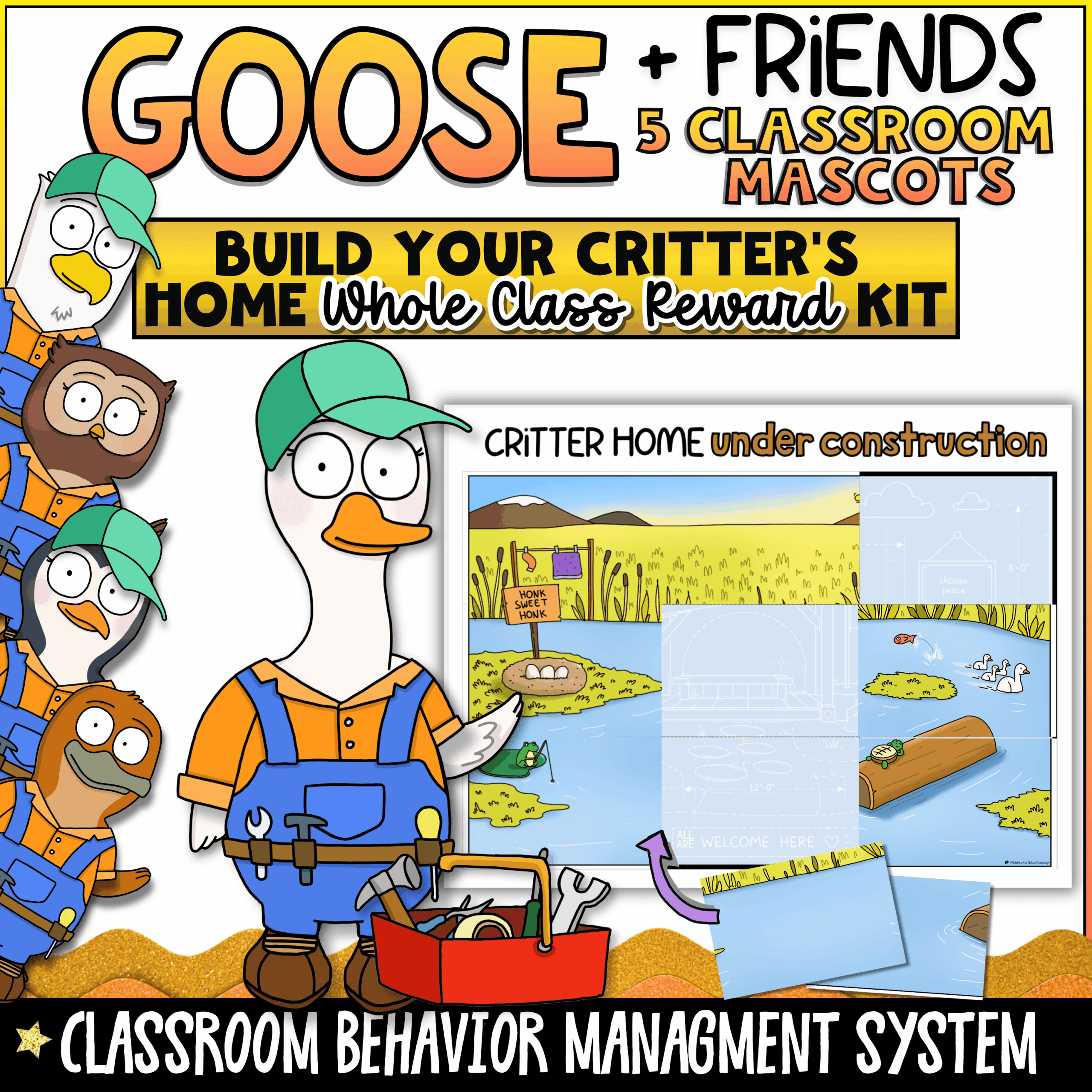 goose-classroom-management-class-mascot-reward-system Goose and Friends Whole Class Reward Kit featuring five classroom mascots, build-your-critter's-home behavior management system, classroom incentive boards, whole class reward tracker, and positive behavior reinforcement activities for elementary classrooms.