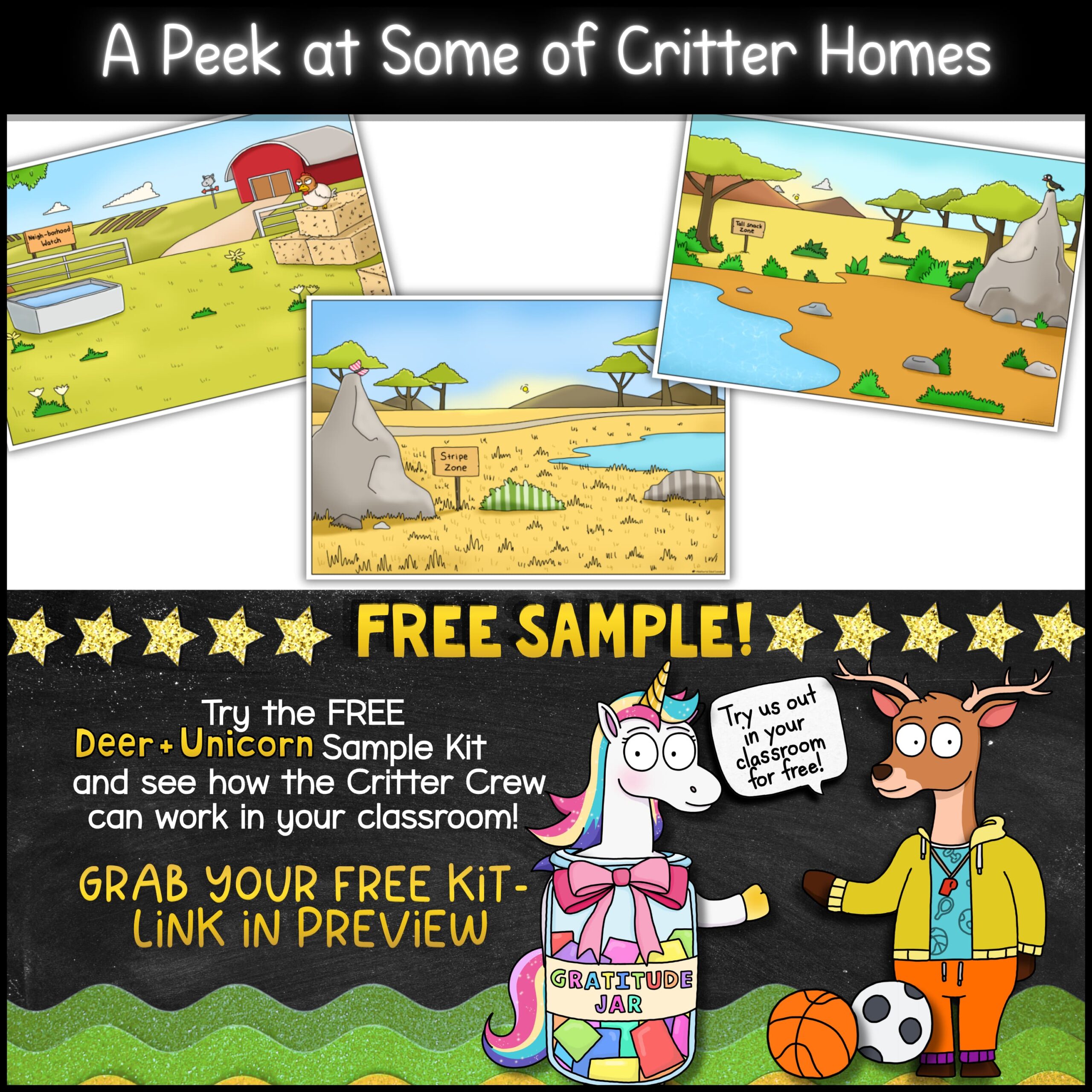 goose-classroom-management-pbis-class-incentive-kit Preview of illustrated critter home habitats featuring woodland, grassland, and savanna scenes for classroom reward activities. Promotes the free Deer and Unicorn sample kit for classroom behavior management and whole class incentives.