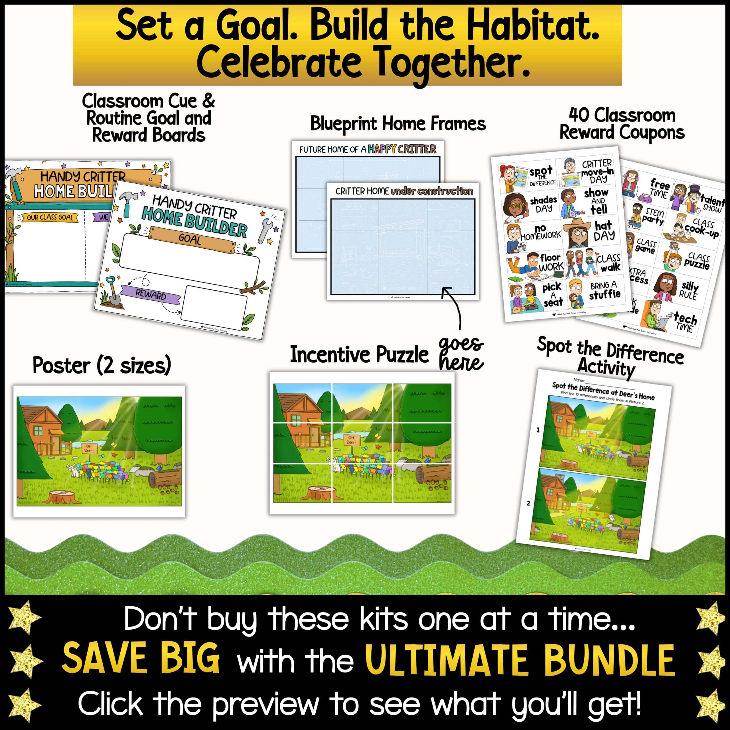 goose-classroom-mascot-behavior-reward-system Whole class reward kit with classroom goal and reward boards, printable habitat blueprint frames, incentive puzzle, classroom reward coupons, posters, and spot-the-difference activity for elementary classroom behavior management.