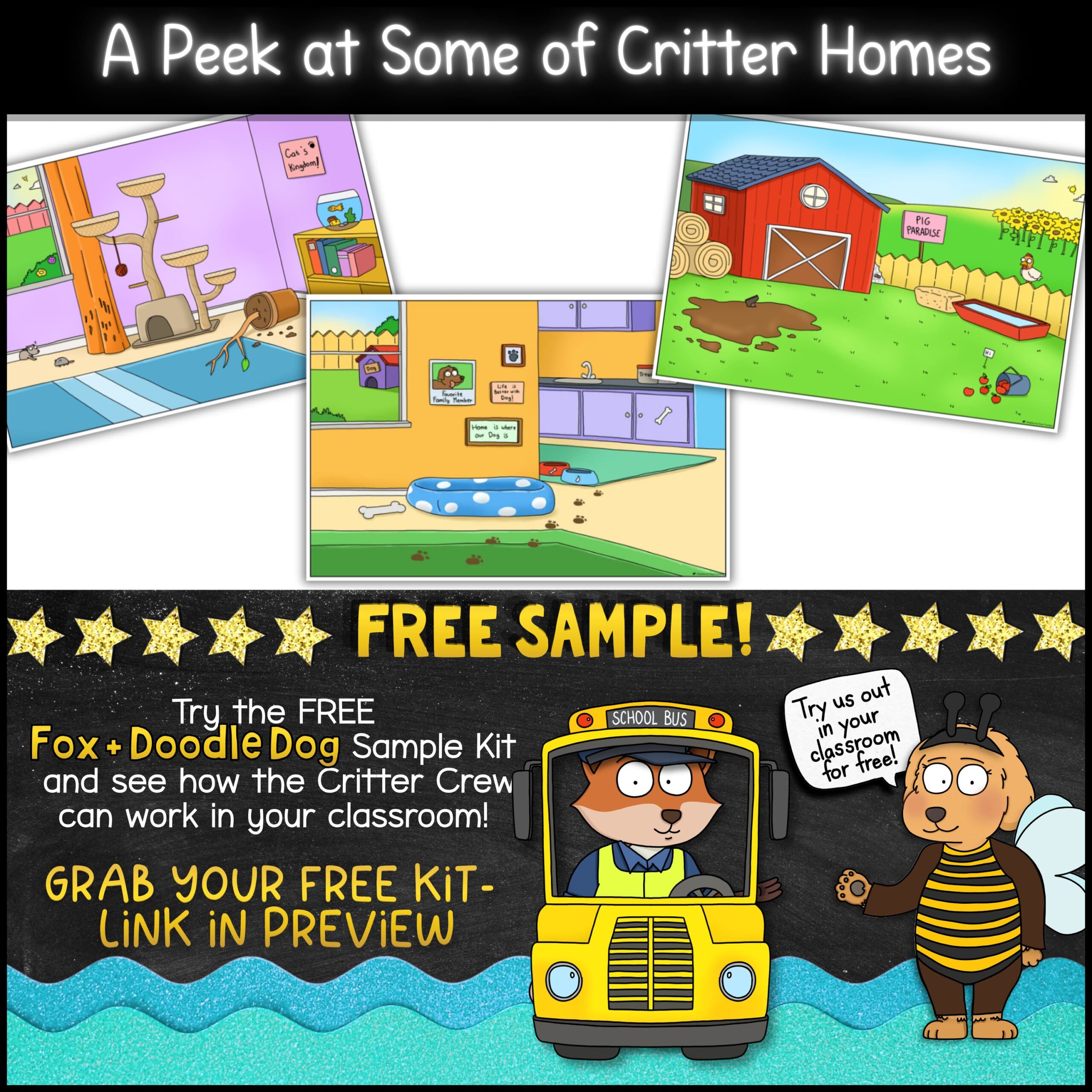 goose-classroom-mascot-whole-class-incentive-kit Preview of illustrated critter home habitats including woodland, barnyard, cozy home, and cat-themed scenes for classroom reward activities. Promotes the free Fox and Doodle Dog sample kit for classroom behavior management and whole class incentives.