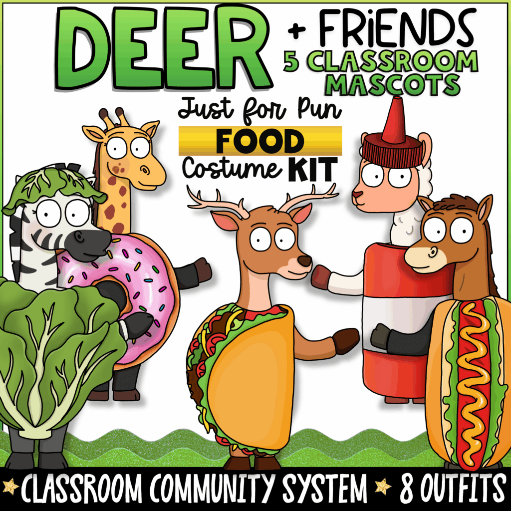Deer + Friends Just for Fun Food classroom mascot costume kit featuring Deer, Zebra, Giraffe, Alpaca, and Horse wearing playful food costumes including taco, donut, lettuce, ketchup, grapes, eggs and bacon, and s'mores. Includes 8 printable classroom mascot outfits for elementary classroom routines, bulletin boards, morning meetings, and classroom community.
