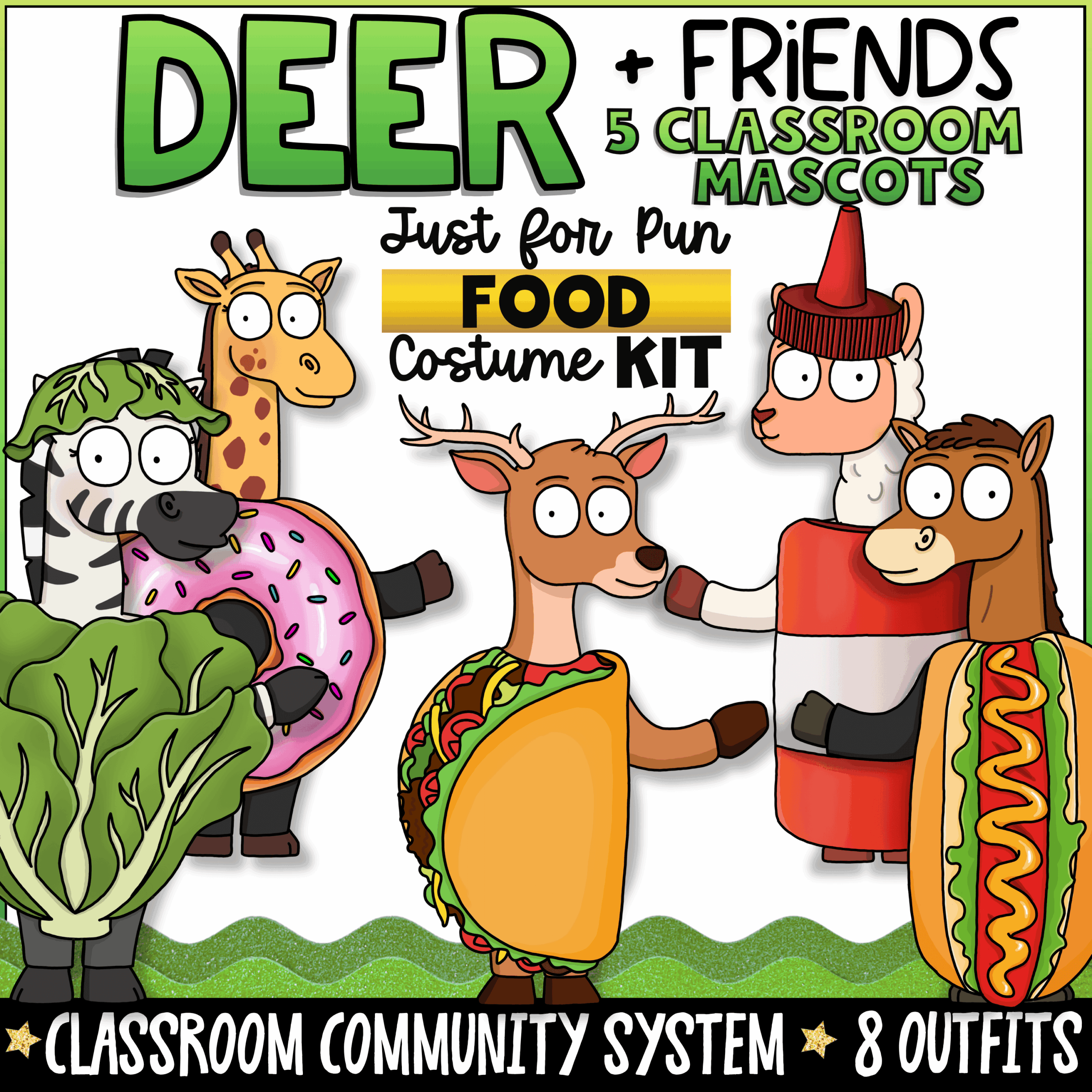 oose Classroom Mascot Food Pun Kit for Classroom Community Building Deer + Friends Just for Fun Food classroom mascot costume kit featuring Deer, Zebra, Giraffe, Alpaca, and Horse wearing playful food costumes including taco, donut, lettuce, ketchup, grapes, eggs and bacon, and s'mores. Includes 8 printable classroom mascot outfits for elementary classroom routines, bulletin boards, morning meetings, and classroom community.