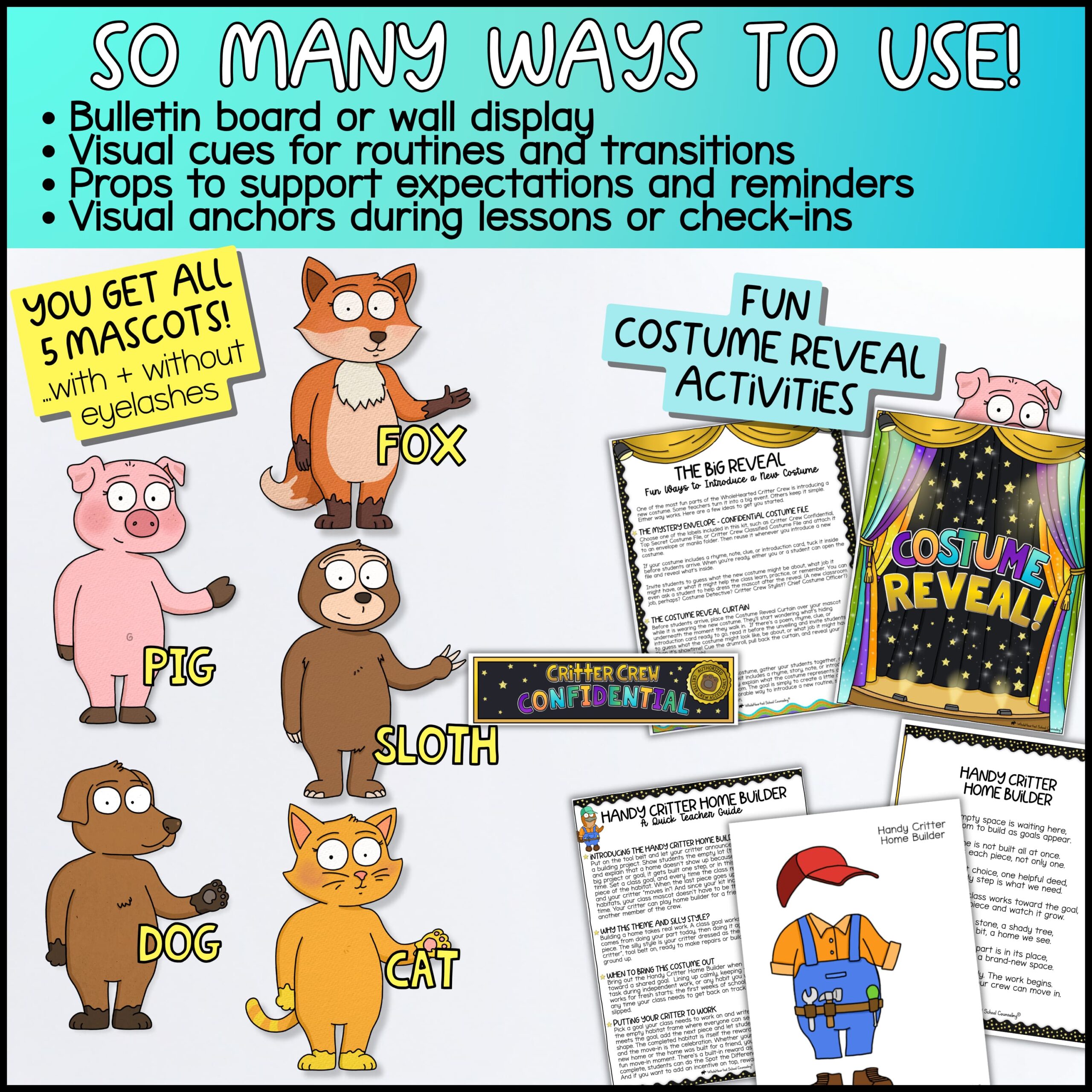pbis-class-incentive-program-goose-classroom-mascot Five classroom mascots including Fox, Pig, Sloth, Dog, and Cat with costume reveal activities, printable teacher guides, bulletin board ideas, visual behavior supports, classroom routines, and whole class reward resources.
