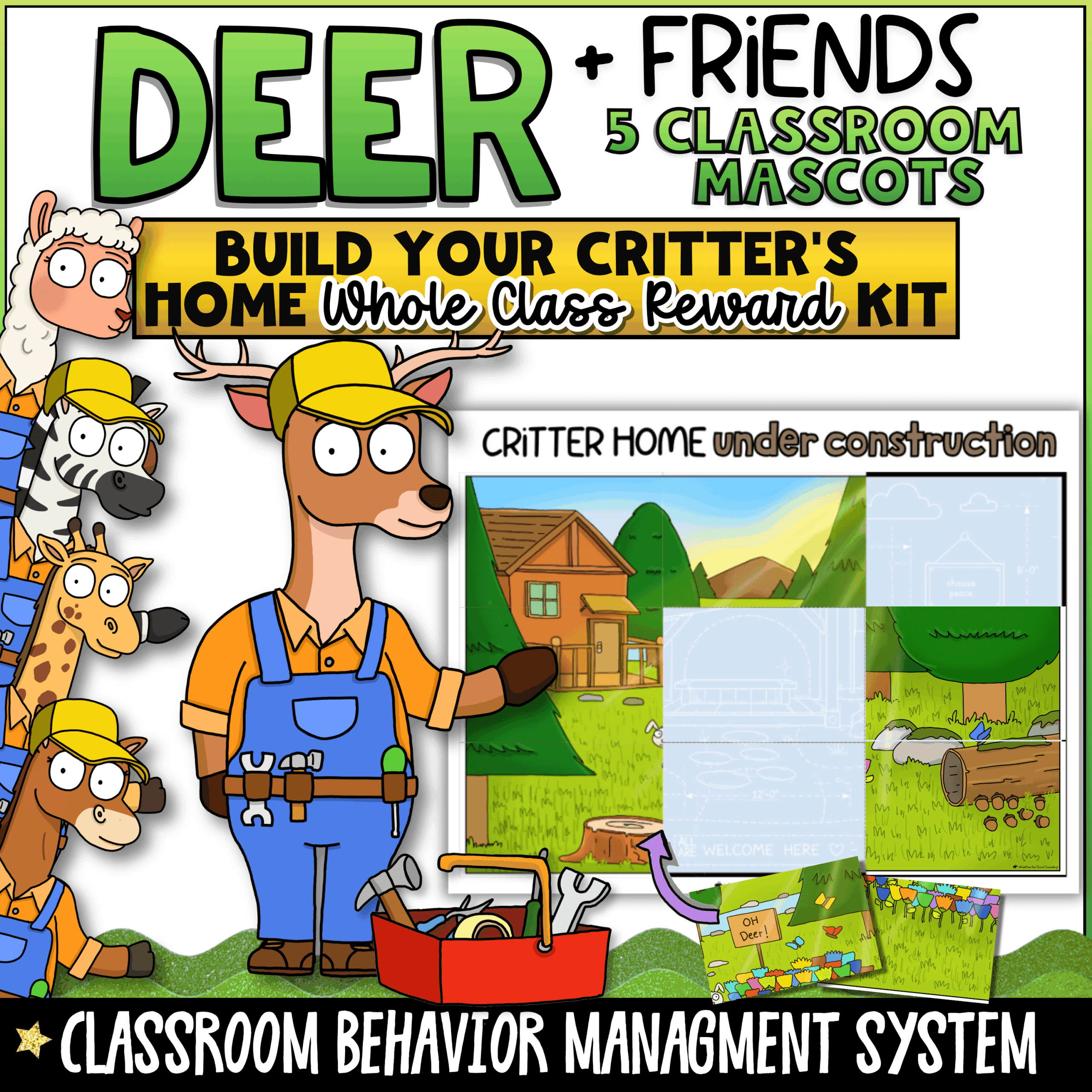 whole-class-reward-kit-goose-classroom-mascot Deer and Friends Whole Class Reward Kit featuring five classroom mascots, build-your-critter's-home classroom reward system, habitat-building behavior incentive tracker, and positive classroom management tools for elementary students.