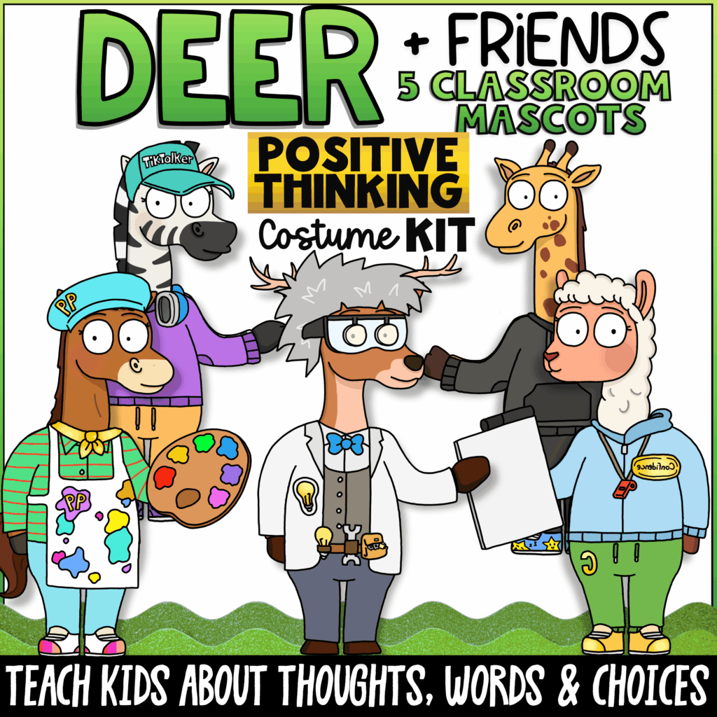 Deer and Friends positive thinking classroom mascot costume kit with zebra, horse, giraffe, alpaca, and deer characters for teaching kids positive self-talk, confidence, problem solving, thoughts, words, and choices.