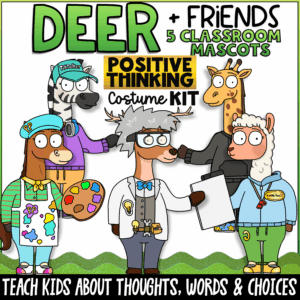 Deer and Friends positive thinking classroom mascot costume kit with zebra, horse, giraffe, alpaca, and deer characters for teaching kids positive self-talk, confidence, problem solving, thoughts, words, and choices.
