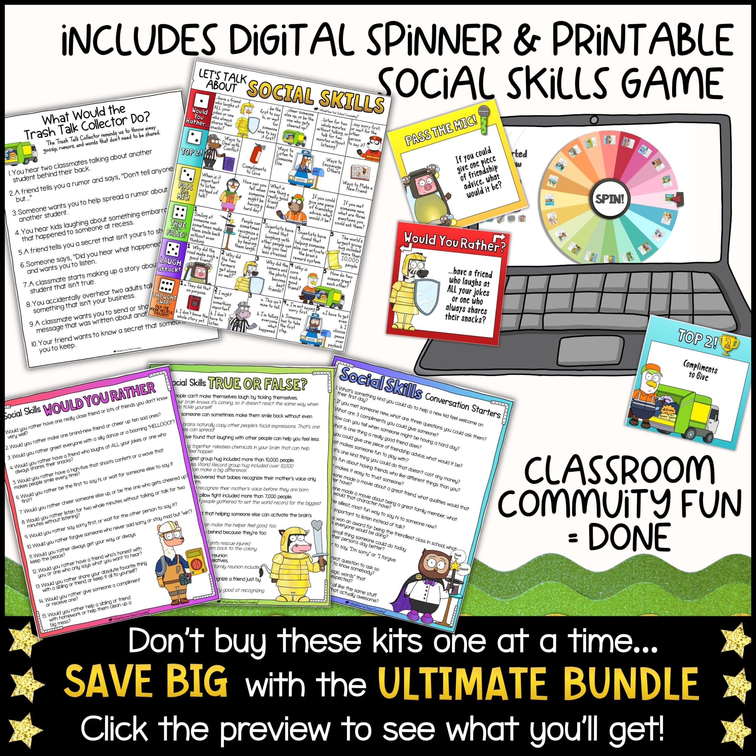 Classroom Goose Friendship Skills Class Mascot Goose for School Behavior & SEL Printable social skills game and digital spinner with friendship scenarios, conversation starters, would-you-rather questions, true-or-false activities, and classroom community prompts for elementary SEL.