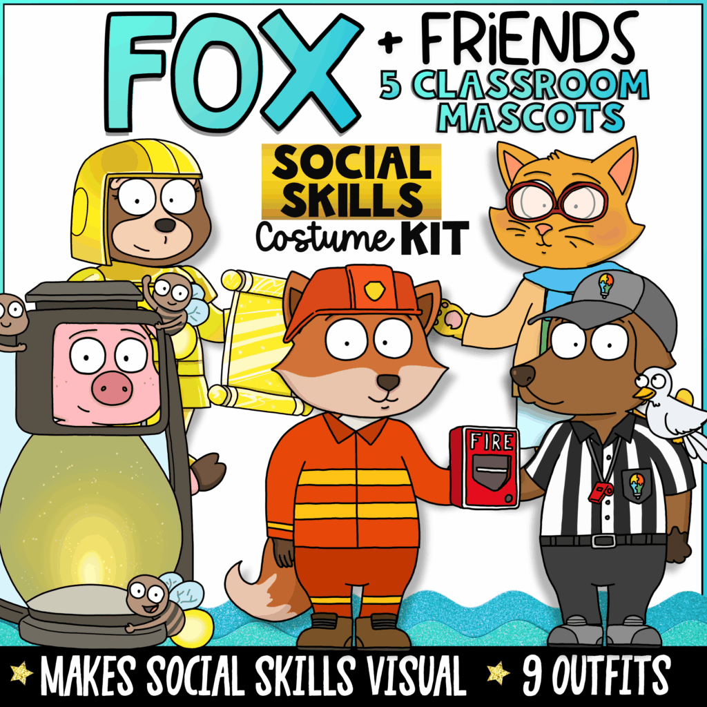 Fox and Friends classroom mascot social skills kit featuring five animal mascots in community helper costumes for teaching friendship skills, positive behavior, cooperation, manners, and SEL.