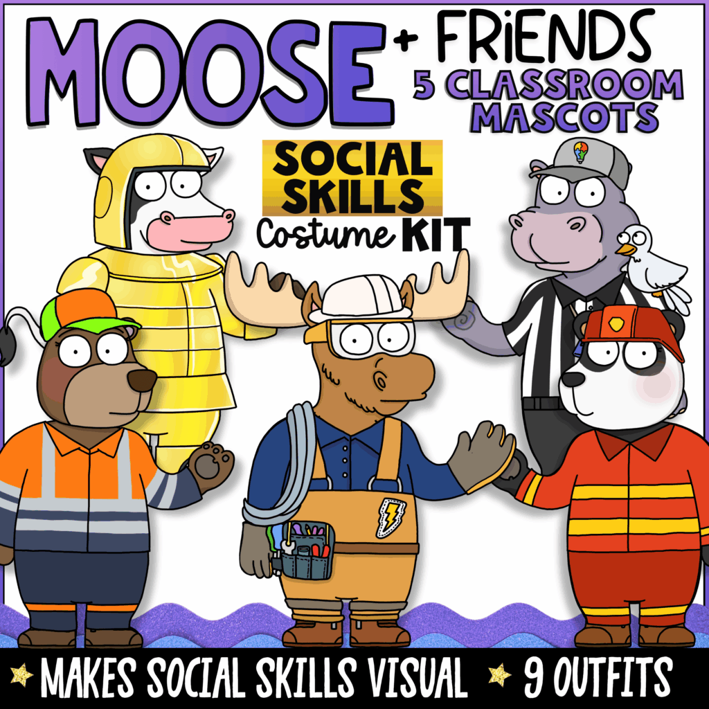 Moose and Friends Social Skills Costume Kit featuring five classroom animal mascots dressed as community helpers to teach friendship skills, behavior expectations, cooperation, and social emotional learning.