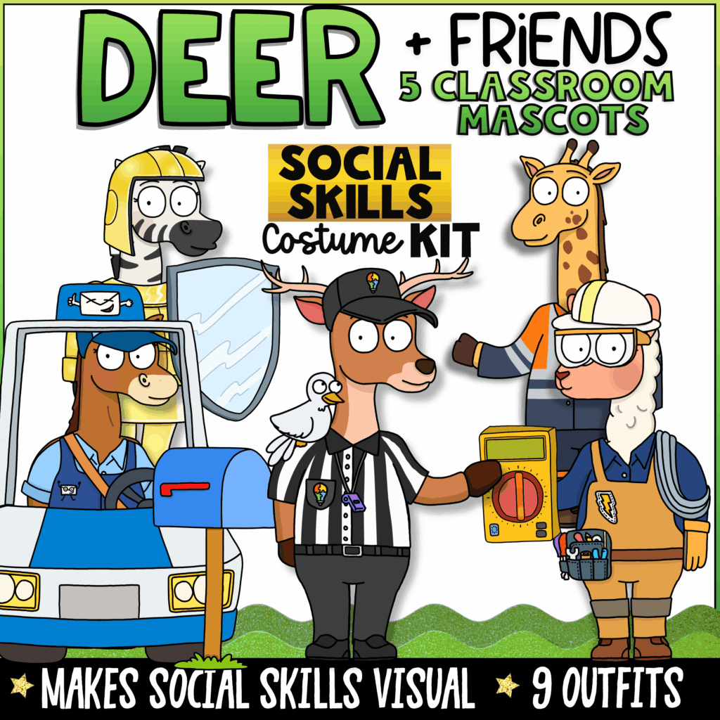 Deer and Friends classroom mascot social skills kit featuring five animal mascots in community helper costumes for teaching friendship skills, manners, cooperation, positive behavior, and social emotional learning.