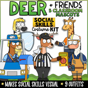 Deer and Friends classroom mascot social skills kit featuring five animal mascots in community helper costumes for teaching friendship skills, manners, cooperation, positive behavior, and social emotional learning.