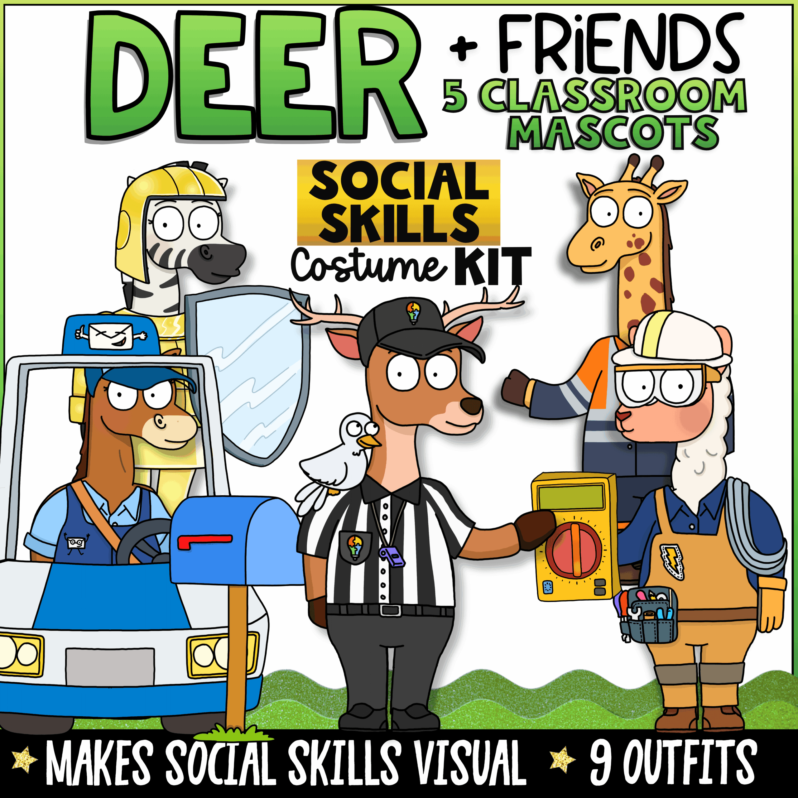 Social Skills Classroom Goose School Mascot Goose for Functional Decor, SEL & Classroom Management Deer and Friends classroom mascot social skills kit featuring five animal mascots in community helper costumes for teaching friendship skills, manners, cooperation, positive behavior, and social emotional learning.